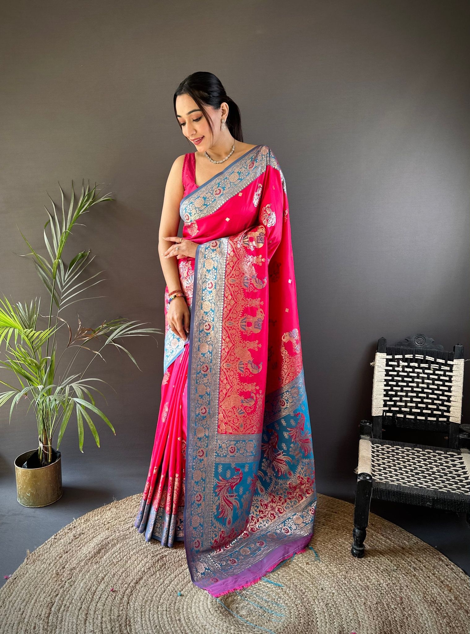 Pink Soft Silk Meenakari Picock Zari Weaving Work Paithani Saree