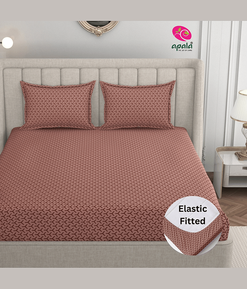 Apala Microfibre Abstract Fitted 1 Bedsheet with 2 Pillow Covers ( Double Bed ) - Brown