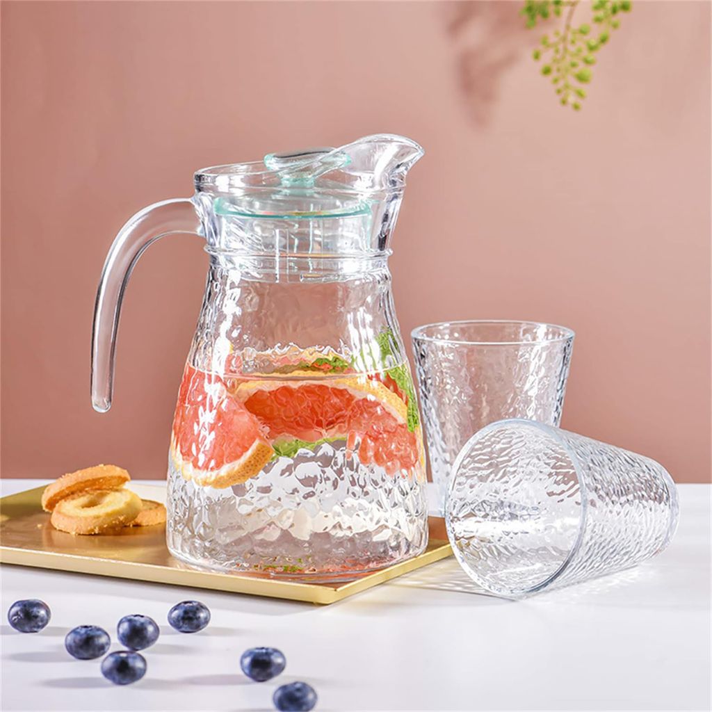 Premium Glass Water Jug Transparent Hot Cold Water Glass Pitcher with Lid Water Jug, Iced Tea, Milk and Juice Beverage Carafe, Lemon Jug (1.5 Litre; Pack of 1)