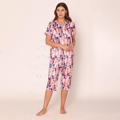 Women's Satin Paradise Night Suit Set of Shirt & Capri S