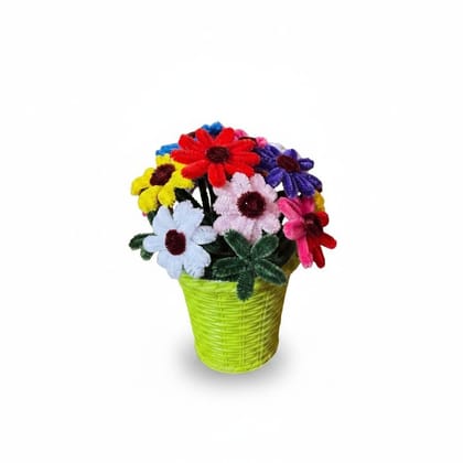 Artificial Multicolor 18 Daisy Flower Pot – Handmade Faux Flower Arrangement in Green Basket Planter