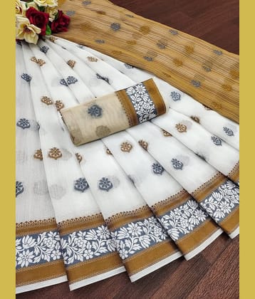 IndShopMart Cotton Silk Printed Saree With Unstitched Blouse Piece ( White )