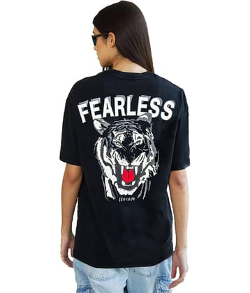 Leotude Women Cotton Blend Printed Oversized Fit Round Neck T-Shirt ( Black )