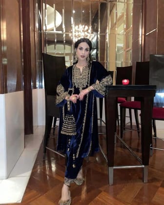 Thread Embroidery work Ready to Wear Velvet Suit-Free Size [Alters 38-44]