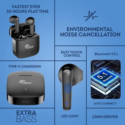 CELLECOR BroPods CB06 Waterproof Earbuds with 30 Hours Playtime, Auto Pairing, 13mm Drivers, 5.1v Bluetooth Headset (Black )