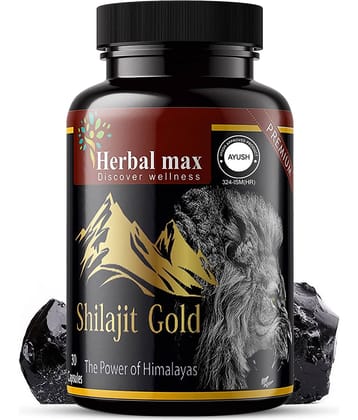 Herbal Max Himalayas Original Pure Shilajit Gold - Lab-Tested for Purity, Performance Booster for Endurance, Stamina, Strength, and Immunity for Men & Women - 30 Ayurvedic Capsules