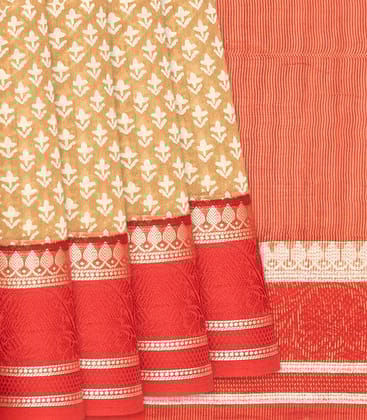 Taupe Chanderi Cotton Saree With Printed floral Motifs & Contrast Border-Taupe-Taupe