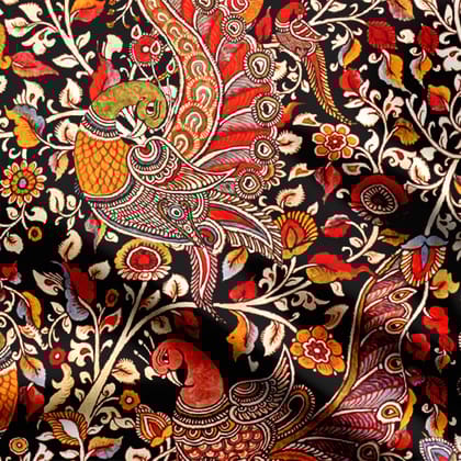 Colorful Peacock Kalamkari Natural Crepe Fabric