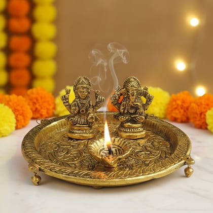 Aluminium Laxmi Ganesh Puja Thali – Decorative Festive Pooja Plate Set, Height : 2.5 Inch (ASMAS506 G)