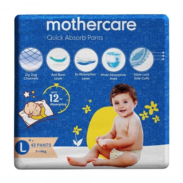 Mothercare Quick Absorb Diaper Pants, Large (9-14 Kg),for Unisex baby, 42 Count, Anti Rash Layer, Wide Absorption Area