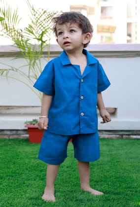 Set Of 2: Oswald Blue Cotton Shirt And Blue Short-2-3Y