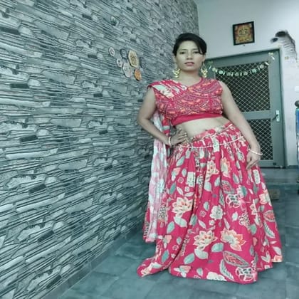 Womens Pink Floral Printed Lehenga Skirt with Sequin-Embellished Crop Top