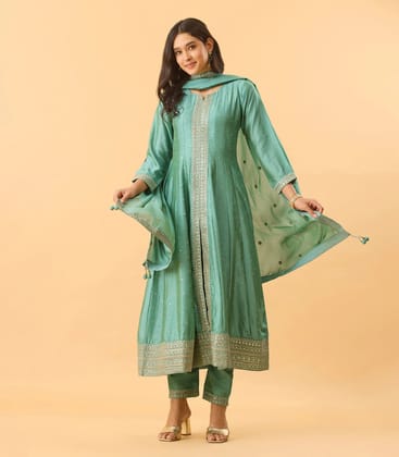 Pastel Mint Green Festive Embroidered Anarkali Set-S / Mint Green