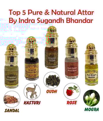 INDRA SUGANDH BHANDAR - Chandan/Sandalwood Kasturi, Oudh, Gulab, Mogra Attar For Men & Women 3ml Pack Of 1