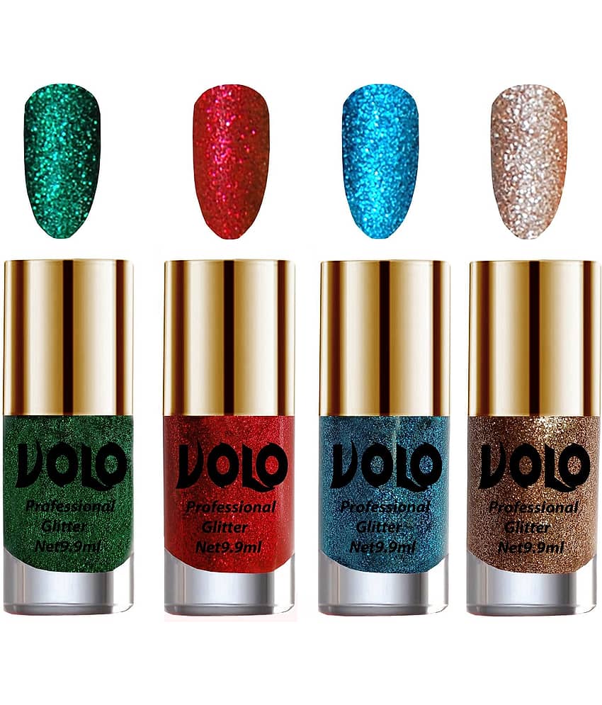VOLO Professionally Used Glitter Shine Nail Polish Green,Red,Blue Gold Pack of 4 39 mL