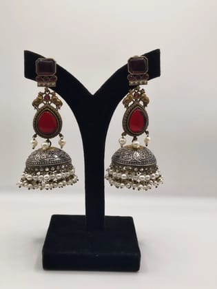 Dual-Tone Oxidized Silver Cow Ruby Jhumka Earrings