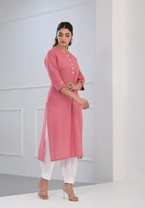 Pink Solid Cotton Kurta-S
