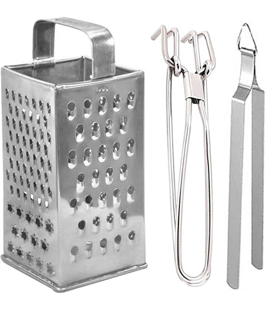 JISUN - Silver Stainless Steel BIG GRATER+PAKKAD+CHIMTA ( Set of 3 )