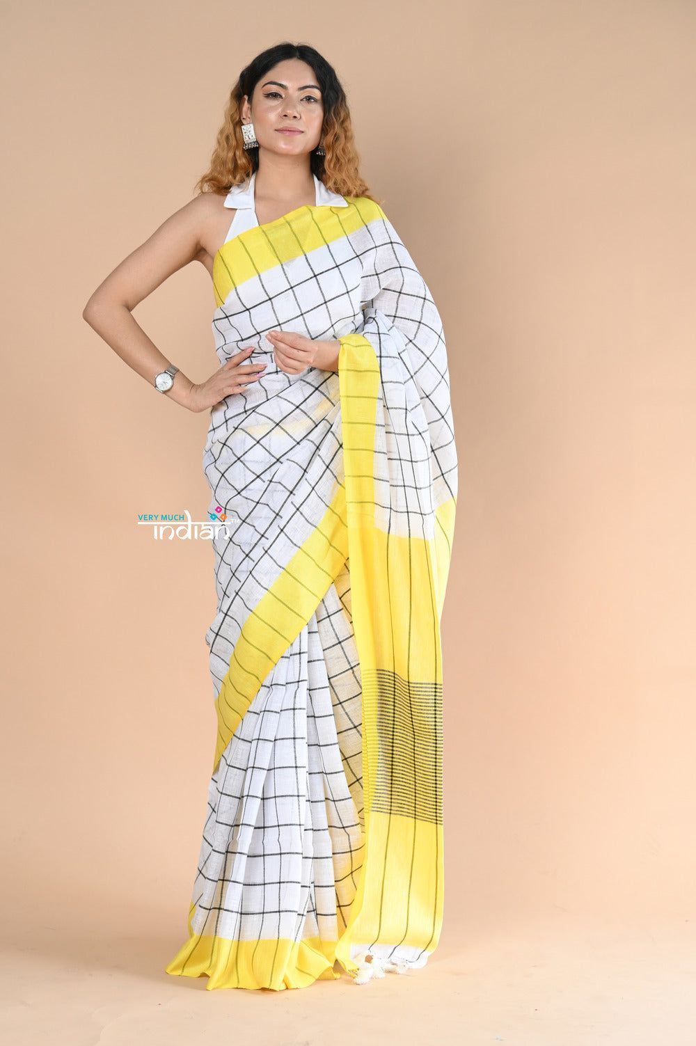 Handloom Pure Linen Saree With Geometric Checks~White Yellow
