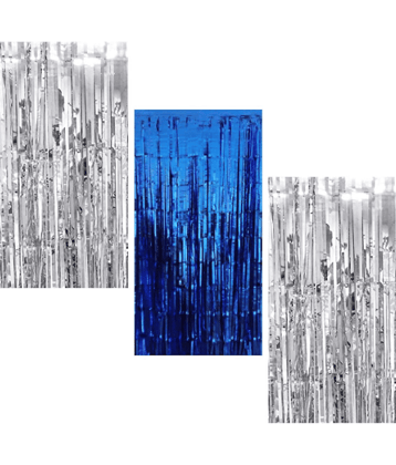 Jolly Party   1 Blue 2 silver Fringe Curtains Pack of 3