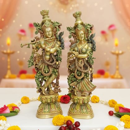 Brass Radha Krishna Pair Idol - Handcrafted Temple Statue, Height : 29 Inch (BSMAS073)