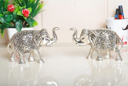 DreamKraft Elephant Metal Statue Small Size Silver Polish, 2 Pcs Set