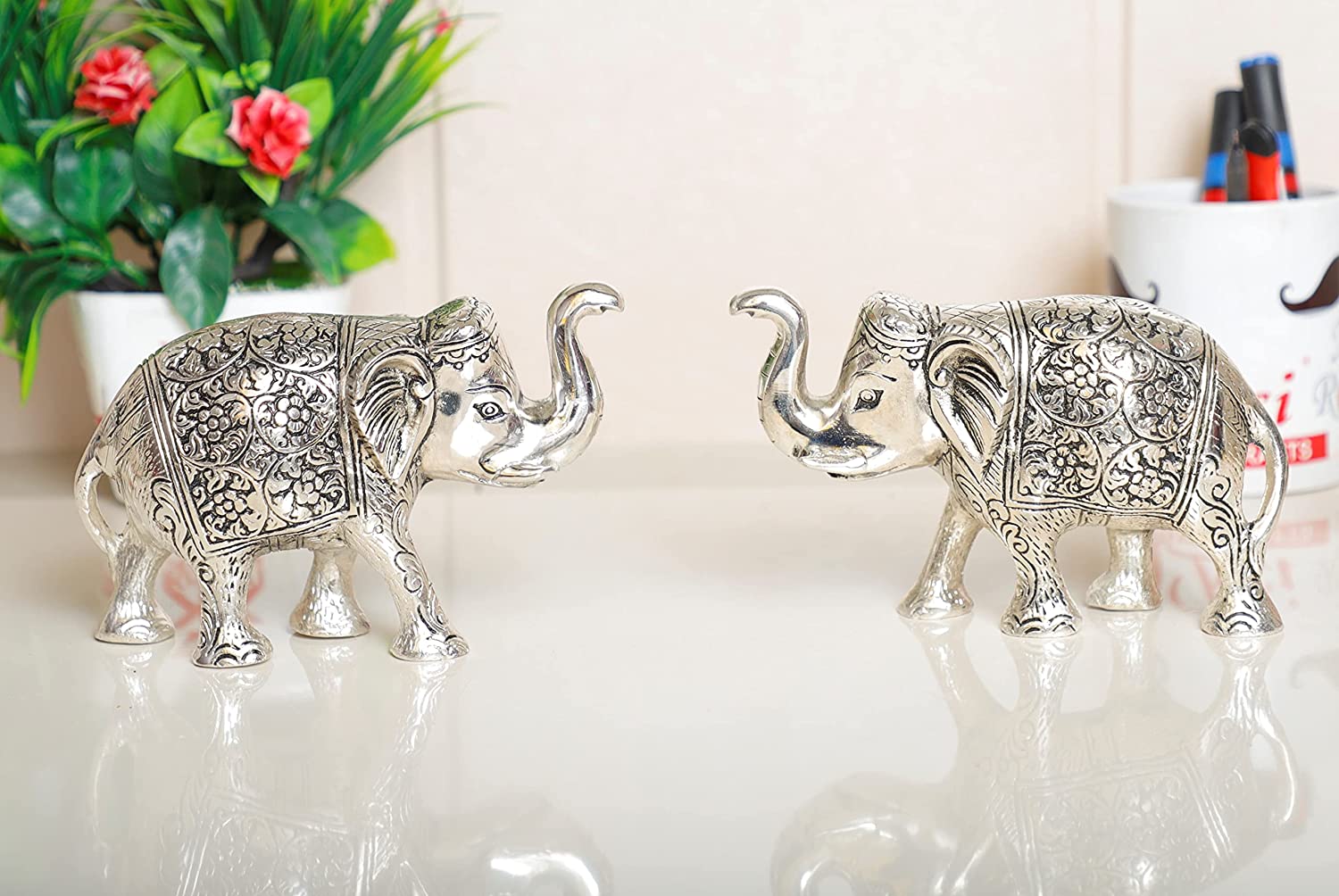 DreamKraft Elephant Metal Statue Small Size Silver Polish, 2 Pcs Set