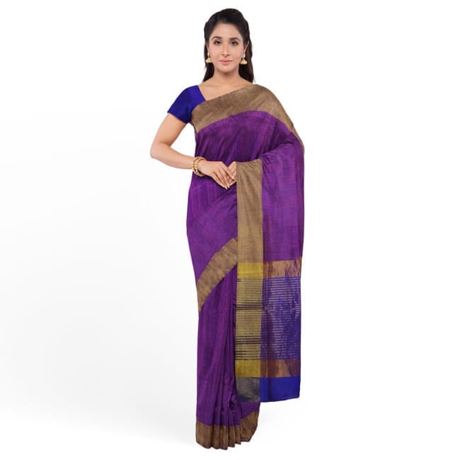 Tribes India Women's Lichi Silk Saree with Blouse Piece Violet Blue Color