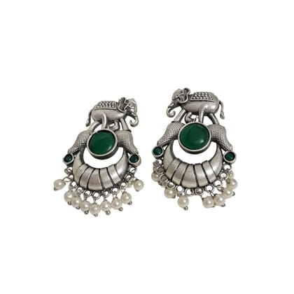 Anvaya Collections Oxidized Silver Elephant Earrings with Red Stone and Pearl Drops, Traditional Chandelier Design