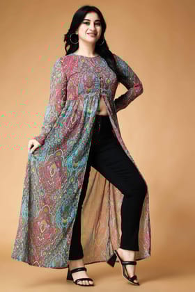Abstract Printed Multicolor Front Slit Open Tunic-L / Multicolored