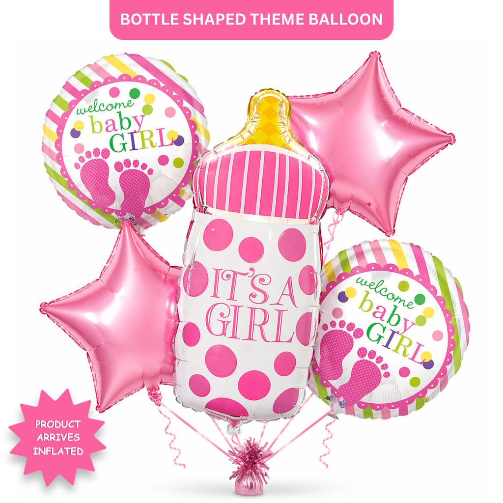 It’s a Girl Bottle Shaped Helium Balloon Set of 5 (Baby Bottle + Welcome Baby Girl + Pink Star Balloons) | Pre-Inflated & Delivered | Baby Shower Decoration - Party and Festive Needs | Buy online on ZillyBuy
