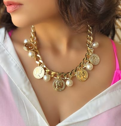 2 in 1 Layered Pearl & Coin Charms Neckhugger