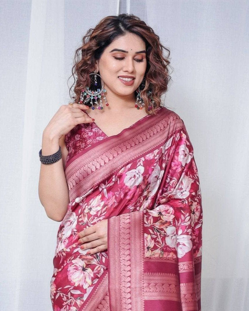Graceful Maroon Floral Banarasi Silk Saree with Tassels-Regular