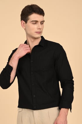 Charles - Self Dobby Striped Shirt - Black-S-38 / BLACK