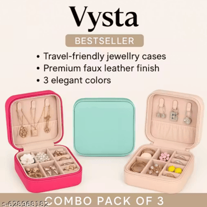 Premium Jewellery Storage Box for Women | Travel Jewellery Organizer Case | PU Leather Combo Pack of 3  Pink, Mint, Peach