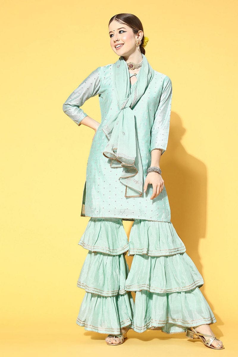Sea Blue Poly Chanderi Straight Sharara Suit Set PKSKD1302