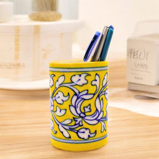 Blue Pottery Pen Holder - Yellow
