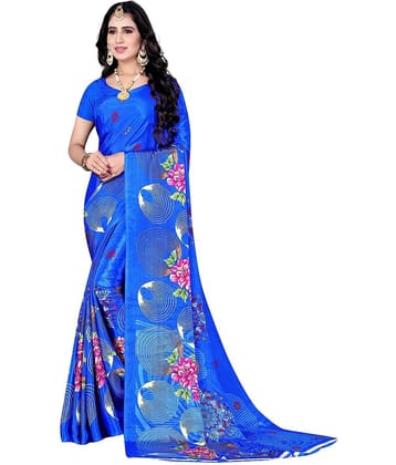 LEELAVATI Crepe Printed Saree With Unstitched Blouse Piece ( Blue )