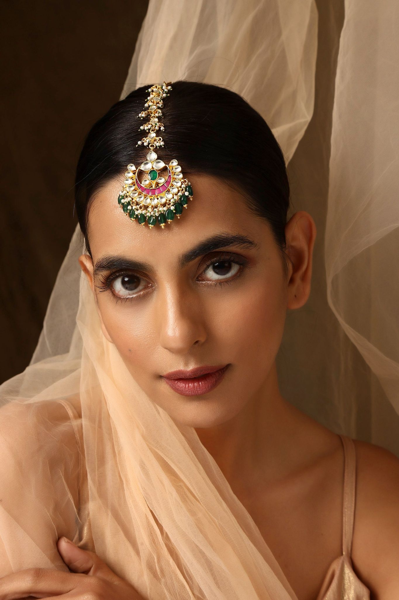 Raashi Pink and Green Kundan Maang Tikka-Kundan