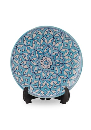 White Flowers Design Handmade Blue Pottery Decorative Platter