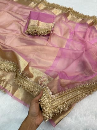 Latest Pink Color Banarasi Soft Tissue Silk Jacquard n Lace Work Fancy Designer Function Wear Saree