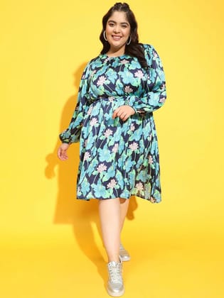 Radiated Multicolor Floral Print Flare Plus Size Curvy Dress-2XL
