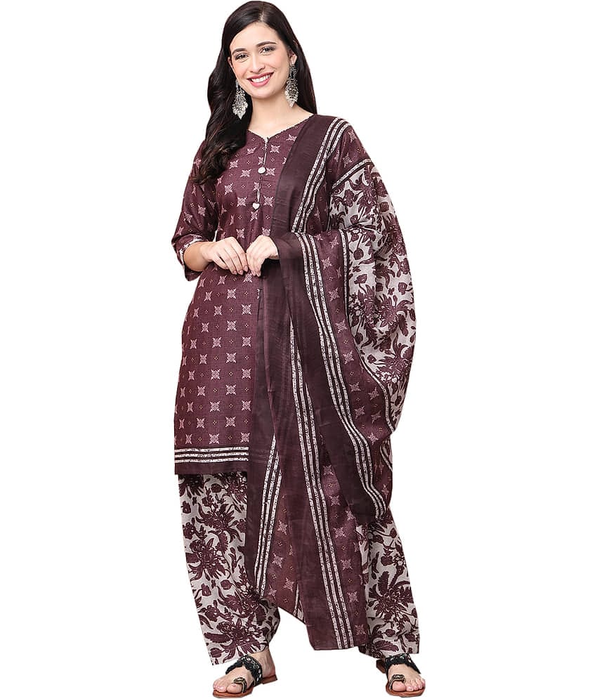 wonder weave Women Cotton Blend Printed Straight Kurti With Patiala Salwar ( Wine )