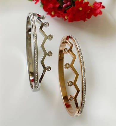 Stainless Steel Rosegold/Silver Plated Crown Design Kada- STKD 2670