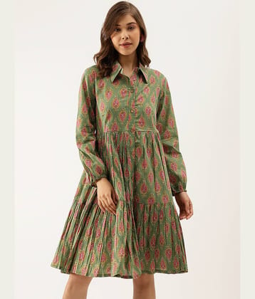 Divena Women Cotton Printed Fit & Flare Dress ( Green )