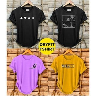 Fashlook Printed Round Neck Polyester Casual Multicolor Half Sleeve T-Shirt For Mens (Pack of 4)