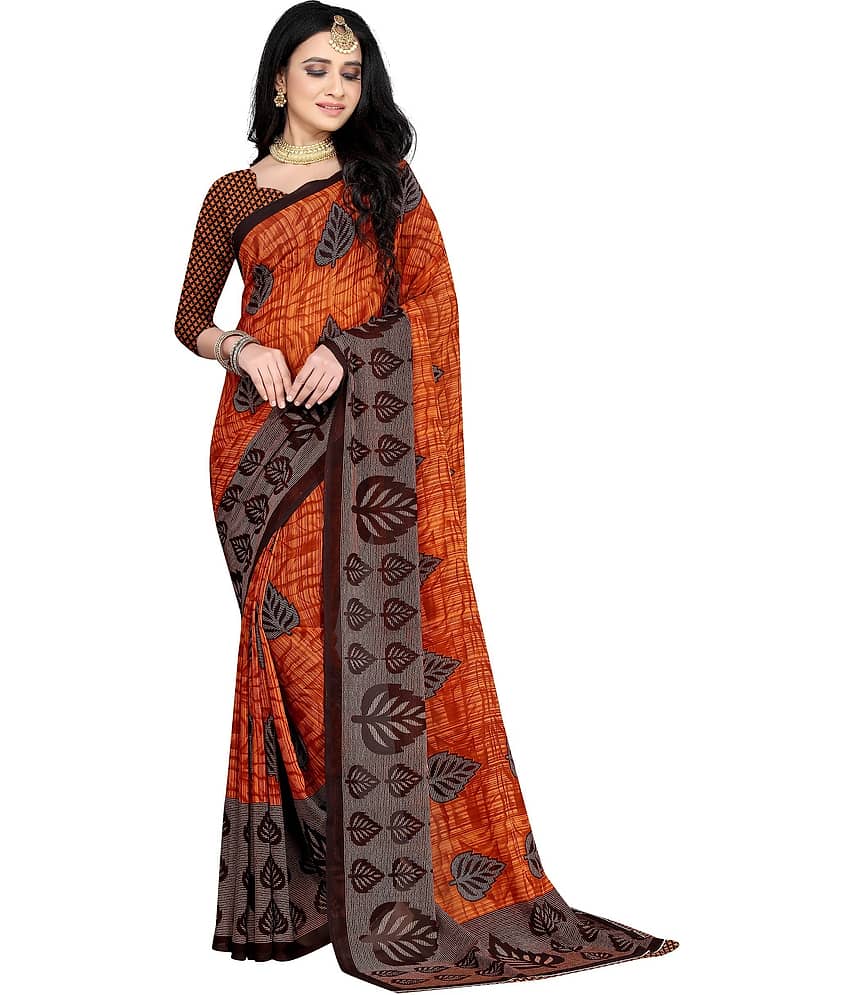 LEELAVATI Georgette Printed Saree With Unstitched Blouse Piece ( Orange )