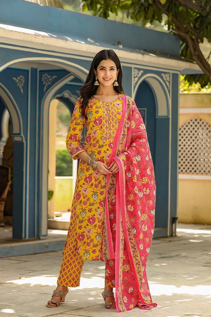 Mustard Cotton Blend Floral Print Suit Set VKSKD1241