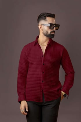 BLUECORP ENTERPRISE Men's Burgundy Quilted Button-Down Shirt, Long Sleeve, Maroon Textured Cotton Color - Maroon, Size - XL BLUECORP ENTERPRISE Men's Burgundy Quilted Button-Down Shirt, Long Sleeve, Maroon Textured Cotton Color - Maroon, Size - XL