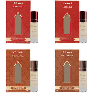 Ossa Rose Velvet And Gold, Oud Vanilla And Luxuria Unisex Concentrated Perfums Alcohol Free Attar Combo (Pack of 4) Ossa Rose Velvet And Gold, Oud Vanilla And Luxuria Unisex Concentrated Perfums Alcohol Free Attar Combo (Pack of 4)